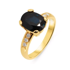  Bague Or Jaune 750 sertie d un Saphir ovale 10x8mm 6 diamants 1,8mm diamètre Monture type solitaire épaulé 