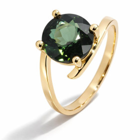  Bague Or Jaune 750 Tourmaline Verte Ronde 9.5mm Qualité AAA Monture corps croisé Serti à griffes 