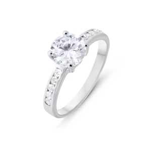 Bague Solitaire accompagné Argent 925 Rhodié Oxyde zirconium Pierre centrale ronde 7mm sertie à griffes 5 diamants serti r...