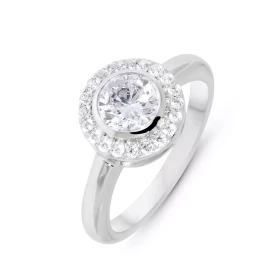 Bague Solitaire Argent 925 rhodié Oxyde zirconium Pierre centrale 6mm serti clos entourrée 20 oxydes sertis à grains Large...