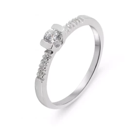 Bague solitaire épaulé or blanc 375 oxyde zirconium Pierre centrale ronde 3,5mm diamètre sertie demi clos Entourage compos...