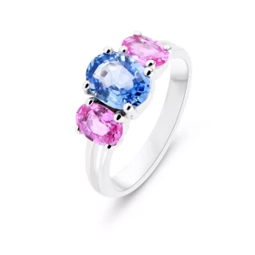  Bague Trilogie Or Blanc 750 Saphirs Bague sertie d un saphir Ceylan 7.5x5.5mm (1.05 carat) deux saphirs roses 6x4mm (2x0....