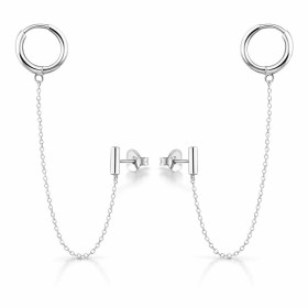 Boucles d oreilles 2 trous chaînette argent 925 composées d une créole 10mm diamètre une barre 1,5x5mm Longueur totale cha...