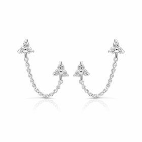 Boucles d oreilles 2 trous chaînette argent 925 composées 2 motifs fleur 3 oxydes zirconium chacun Longueur totale chaînet...