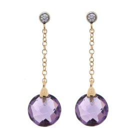 Boucles d oreilles pendantes Améthyste Or Jaune 750 Ces magnifiques Améthystes taille dôme mesurent 8mm diamètre Une petit...