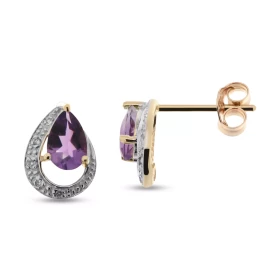 Boucles d oreilles Or Jaune 375 serties deux Améthystes diamants Les Améthystes sont taillées poire mesurent 6x4mm La form...