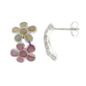 Boucles d oreilles Argent 925 Nacre Motif ondulé composé deux fleurs 9x9mm 