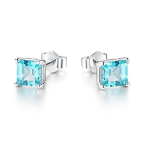  Boucles d oreilles Argent 925 Topaze Bleue serties pierres carr&eacute;es 6mm cot&eacute; 
