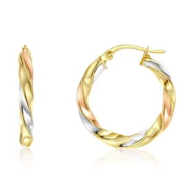  Créoles rondes torsadées 3 ors 375 Système d attache : charnière Diamètre : 26mm Largeur : 3mm 