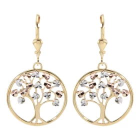 Boucles d oreilles dormeuses Arbre vie 3 ors 375 Arbre vie dans un cercle 19mm diamètre Effet ciselé sur les feuilles Dime...