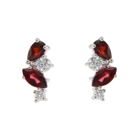 Boucles d oreilles Double Duo Argent 925 Rhodié Grenat Oxydes Motif composé 4 pierres : 1 Grenat poire 5x3mm 1 Grenat marq...
