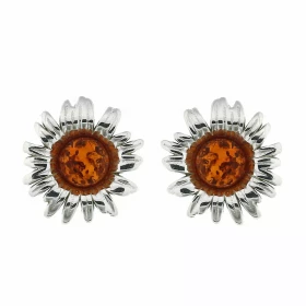 Boucles d oreilles Fleurs Ambre Argent 925 Puces d oreilles Argent 925 Ambre couleur cognac Ambres taillées demi sphères 6...