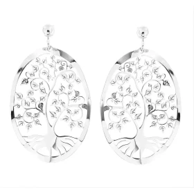  Boucles d oreilles martelées ovales argent rhodié motif arbre vie Dimension motif : 26x38 mm Longueur totale : 4,4 cm  
