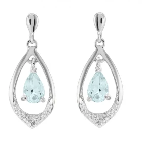 Boucles d oreilles Or blanc 375 Aigue Marine poire 6x4mm diamant Boucles d oreilles pendantes or blanc 375 (9 carats) Aigu...