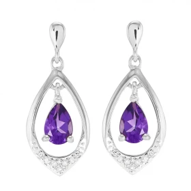 Boucles d oreilles Or blanc 375 Améthyste poire 6x4mm diamant Boucles d oreilles pendantes or blanc 375 (9 carats) Améthys...
