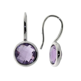 Boucles d oreilles pendantes Or blanc serties d améthystes rondes taille dome 8mm diamètre Longueur : 21mm Poids Pierres :...