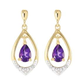 Boucles d oreilles Or jaune 375 Améthyste poire 6x4mm diamant Boucles d oreilles pendantes or jaune 375 (9 carats) Améthys...