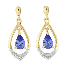 Boucles d oreilles Or jaune 375 Tanzanite poire 6x4mm diamant Boucles d oreilles pendantes or jaune 375 (9 carats) Tanzani...