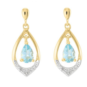 Boucles d oreilles Or jaune 375 Topaze Bleue traitée poire 6x4mm diamant Boucles d oreilles pendantes or jaune 375 (9 cara...