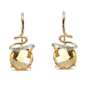 Boucles d oreilles pendantes Citrine Diamant Or Jaune 750 Ces magnifiques pierres taillées rose mesurent 8mm diamètre 3 di...