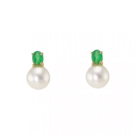  Boucles d oreilles Or jaune 750/1000 serties d une Emeraude 4x3mm d un Perle blanche 6mm diam&egrave;tre 
