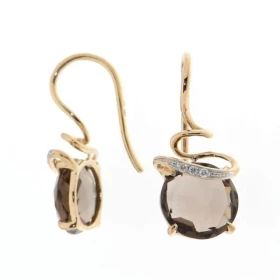 Boucles d oreilles pendantes Quartz Fumé Diamant Or Jaune 750 Ces magnifiques pierres taillées rose mesurent 8mm diamètre ...