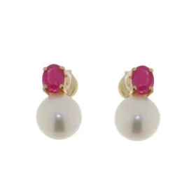 Boucles d oreilles Or jaune 750/1000 serties d un Rubis 4x3mm d un Perle blanche 6mm diamètre 