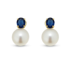  Boucles d oreilles Or jaune 750/1000 serties d un Saphir 4x3mm d une Perle culture blanche 6mm diam&egrave;tre 