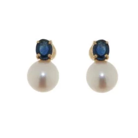  Boucles d oreilles Or jaune 750/1000 serties d un Saphir 4x3mm d un Perle blanche 6mm diam&egrave;tre 