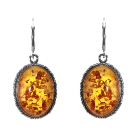 Boucles d oreilles Pendantes Ambre Ovale 22x16mm Ambre couleur cognac Montur argent vieilli Dimensions d une boucle (vue f...