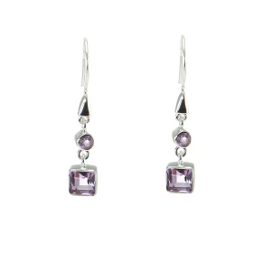 Boucles d oreilles pendantes Argent 925 Améthyste Pierres rondes carrées Dimensions d une boucle 33x6mm Systeme fermeture ...