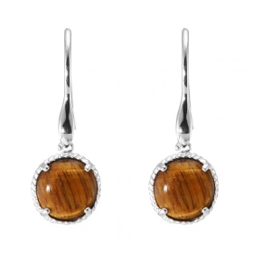 Boucles d oreilles Pendantes Argent 925 Oeil tigre Rond 12mm Pierres rondes 12mm taillées cabochon Pierres fixées par un s...