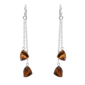 Boucles d oreilles Pendantes Argent 925 Oeil tigre Triangulaires Chaque boucle est composée 2 chainettes serties d une pie...