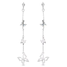 Boucles d oreilles pendantes argent rhodié composées 3 papillons sur une chaînette 1,2mm large Largeur : 14mm Longueur tot...