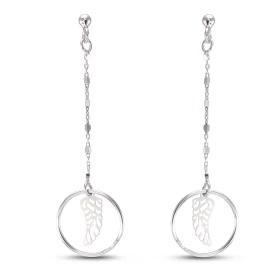 Boucles d oreilles pendantes argent rhodié composées d une plume dans un cercle 16mm diamètre d une chaînette fantaisie 1,...