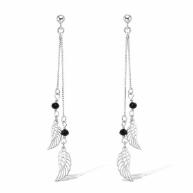 Boucles d oreilles pendantes argent 925 rhodié composées 2 ailes dont plus grande mesure 6x12mm, 2 pierres noires facetées...