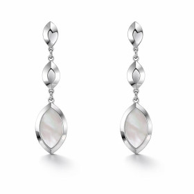 Boucles d oreilles pendantes argent 925 rhodié composées 2 navettes lisse une navette 10x15mm serti nacre Longueur totale ...