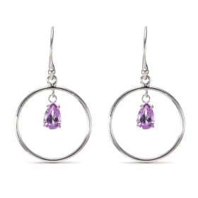 Boucles d oreilles Pendantes Argent Améthyste Poire Motif rond 17mm Argent 925 rhodié Pierres taille poire 7x5mm serties d...