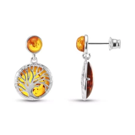 Boucles d oreilles pendantes argent 925 composées d un arbre vie dans un cercle 15mm diamètre fond une ambre couleur cogna...