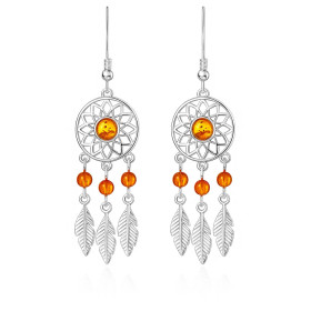  Boucles d oreilles pendantes argent forme d attrape rêve une ambre 5mm diamètre Ambre couleur cognac Système d attache : ...