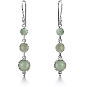 Boucles d oreilles Argent 925 Aventurine serties pierres rondes 5, 6 7mm diamètre Longueur : 5cm 