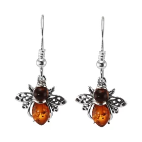 Boucles d oreilles pendantes argent forme d abeille 2 ambres qui forment le corps Ambre couleur cognac Système d attache :...