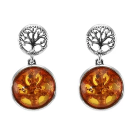 Boucles d oreilles pendantes argent une ambre ronde 13mm diamètre derrière laquelle il y a un arbre vie Un arbre vie dans ...