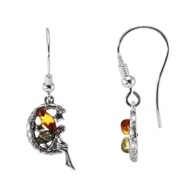 Boucles d oreilles pendantes argent composées d une fée assise sur lune 2 ambres forme navette couleur cognac vertes forme...