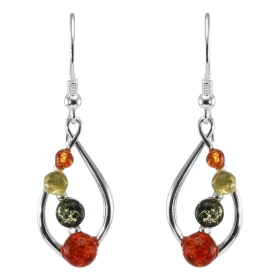 Boucles d oreilles pendantes argent forme navette 5 demi boules d ambre Ambre couleur cognac, verte jaune Système d attach...