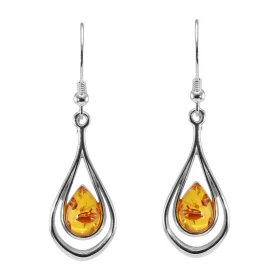 Boucles d oreilles pendantes argent une ambre forme poire 7x10mm Ambre couleur cognac Système d attache : crochet Diemnsio...