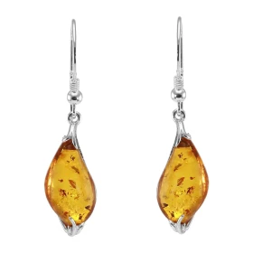 Boucles d oreilles pendantes argent une ambre 9x18mm Ambre couleur cognac forme goutte Système d attache : crochet Dimensi...