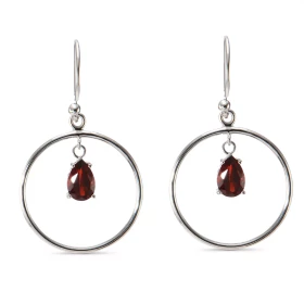 Boucles d oreilles Pendantes Argent Grenat Poire Motif rond 17mm Argent 925 rhodié Pierres taille poire 7x5mm serties dans...