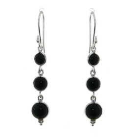 Boucles d oreilles Argent 925 Onyx serties pierres rondes 5, 6 7mm diamètre Longueur : 5cm 