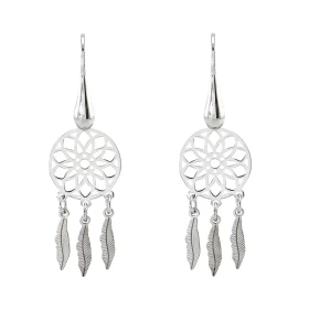 Boucles d oreilles pendantes argent rhodié forme d attrape rêves Système d attache : crochet Longueur totale : 42mm